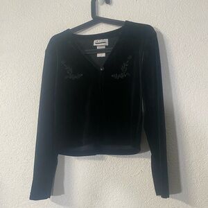 Enfocus Studio vintage whimsical Black Velvet bolero with floral appliqué